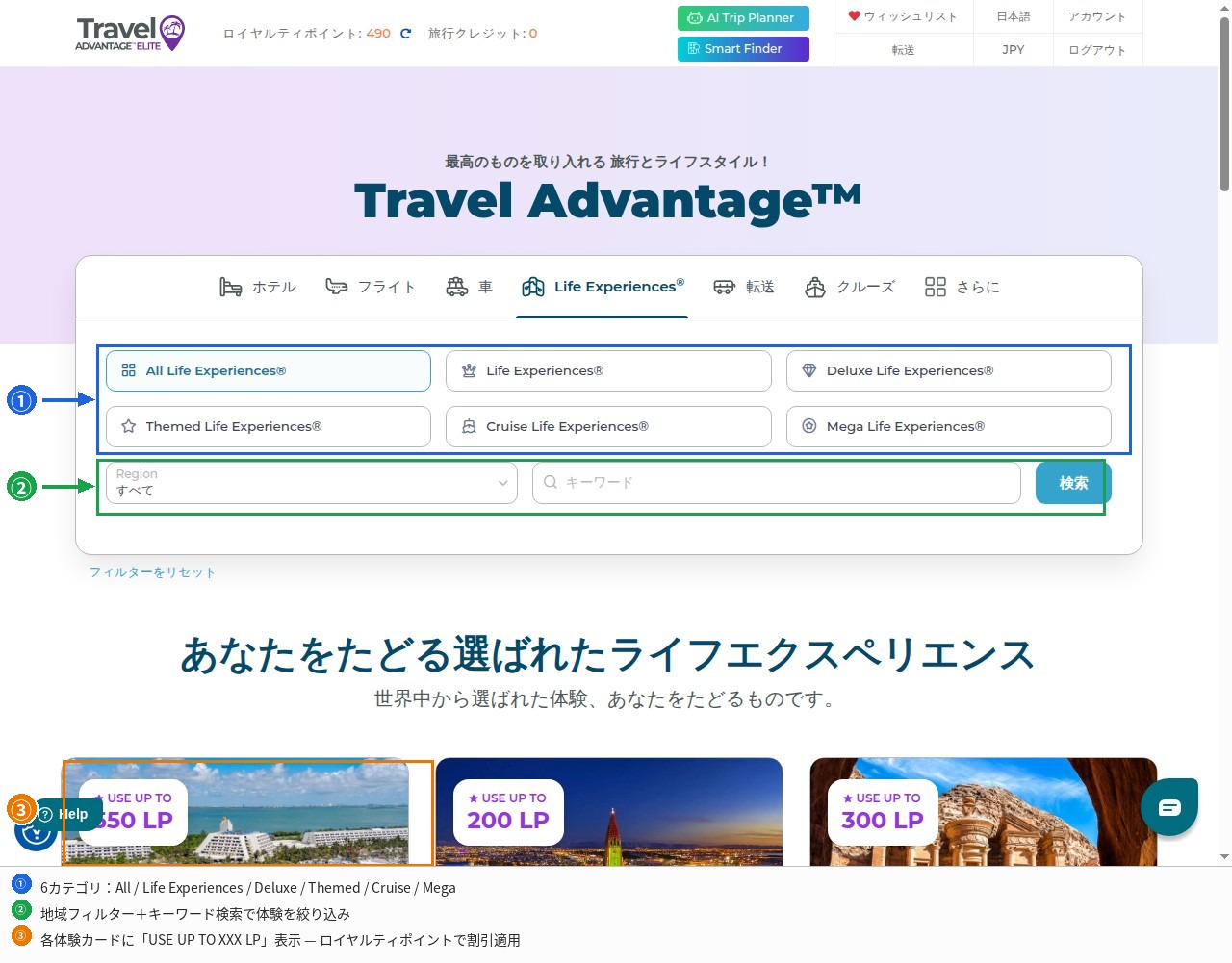 Travel Advantage Life Experiences:6カテゴリ選択・地域フィルター・キーワード検索・LP使用上限表示